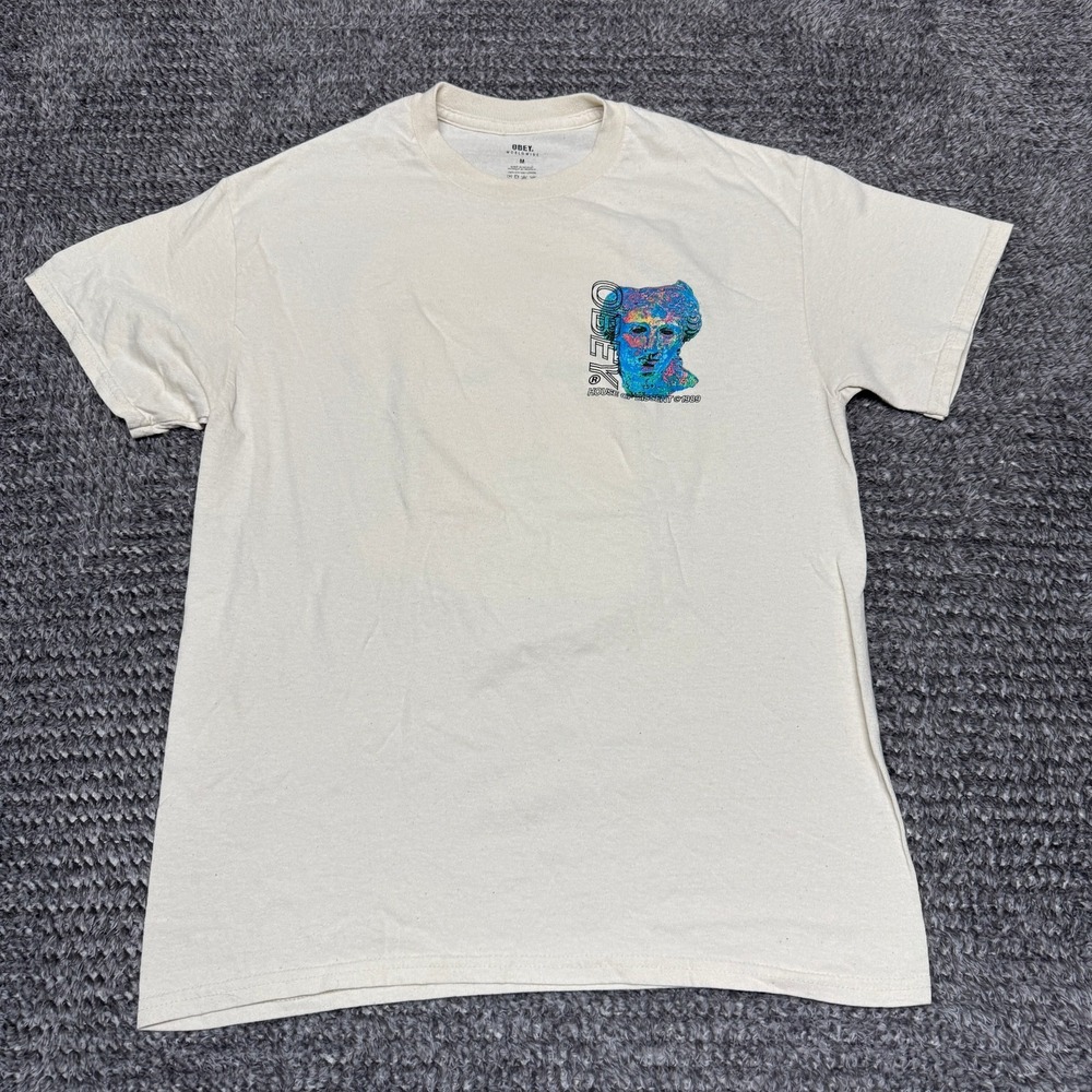 OBEY Mens T Shirt Medium Cream Graphic House Dissent 1989 Statue Art